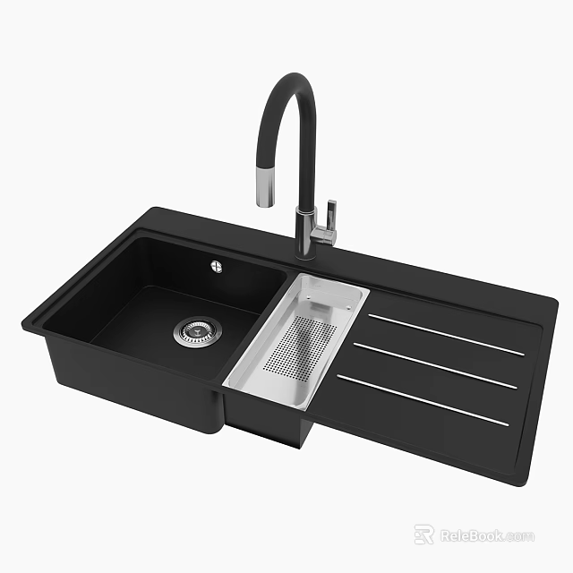 Modern Black Kitchen Sink With Faucet And Integrated Drainer For Contemporary Kitchen Countertops 3d model 