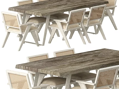Modern Dining Table Set With Wooden Tabletop And Rattan Accent Chairs 3d model