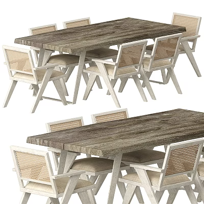 Modern Dining Table Set With Wooden Tabletop And Rattan Accent Chairs 3d model