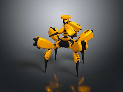 Detailed Yellow Mechanical Spider Robot With Multiple Arms And Black Legs 3d model