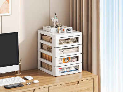 White Multi Drawer Storage Cabinet On Wooden Desk With Office Supplies And Books 3d model