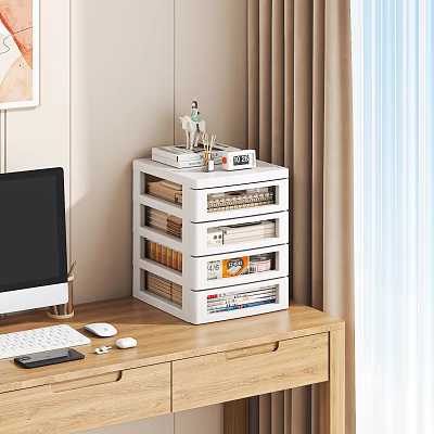 White Multi Drawer Storage Cabinet On Wooden Desk With Office Supplies And Books 3d model