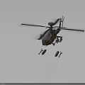 Military Helicopter With Camouflage Paint Large Rotors And Weapons On Gray Background