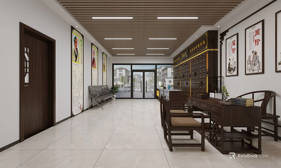 Traditional Chinese Style Hallway With Wooden Furniture Hanging Paintings Bookshelves And Bright Floor 3d model 
