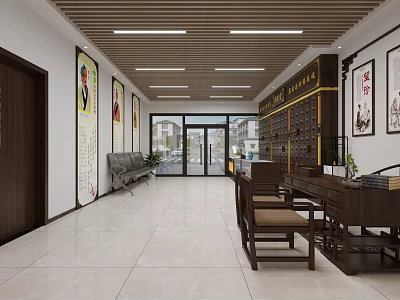 Traditional Chinese Style Hallway With Wooden Furniture Hanging Paintings Bookshelves And Bright Floor 3d model