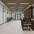 Traditional Chinese Style Hallway With Wooden Furniture Hanging Paintings Bookshelves And Bright Floor