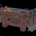 Red Brick Workbench Furniture with Tools on Top Drawers and Blue Gray Mechanical Parts