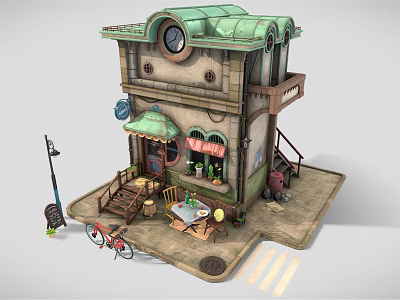 Cartoon Scene Quaint Building with Green Roof Clock Awning Street Lamp Bicycle Outdoor Table Chairs 3d model