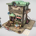Cartoon Scene Quaint Building with Green Roof Clock Awning Street Lamp Bicycle Outdoor Table Chairs