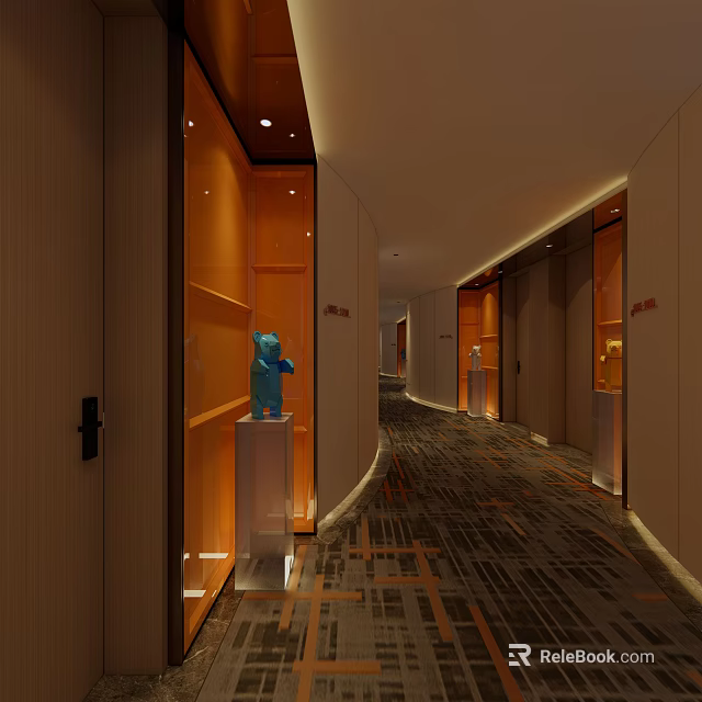 Modern Hotel Corridor With Warm Lighting Glass Display Shelves Blue Sculpture And Patterned Carpet 3d model 