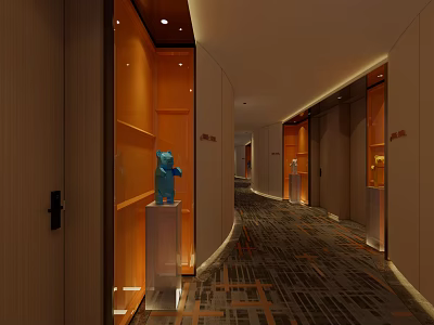 Modern Hotel Corridor With Warm Lighting Glass Display Shelves Blue Sculpture And Patterned Carpet 3d model