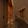 Modern Hotel Corridor With Warm Lighting Glass Display Shelves Blue Sculpture And Patterned Carpet