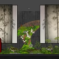 Chinese Style Feature Wall With Bamboo Pattern Screen Red Sculptures And Lush Greenery 3d model