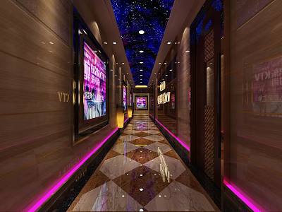 Modern KTV Corridor With Starry Sky Ceiling Pink Lighting Marble Floor And Wooden Walls 3d model