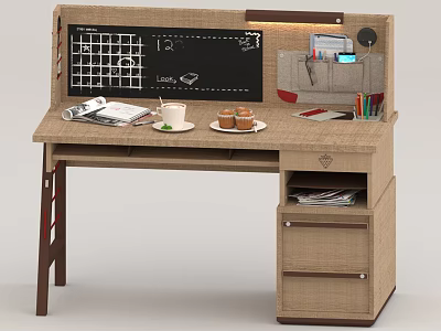 Functional Study Desk With Calendar Clock Notebook Coffee Cup Muffins Pen Holder Drawer And Storage 3d model