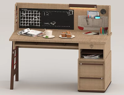 Functional Study Desk With Calendar Clock Notebook Coffee Cup Muffins Pen Holder Drawer And Storage 3d model