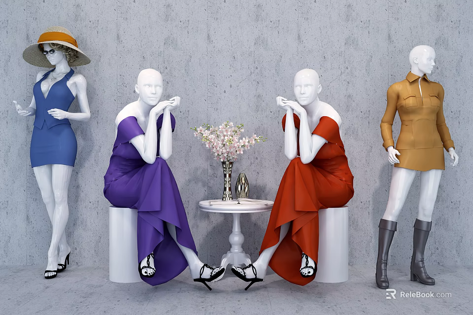 Fashion Mannequins In Blue Purple Red Brown Dresses Sitting Standing By Flower Table Gray Wall 3d model 