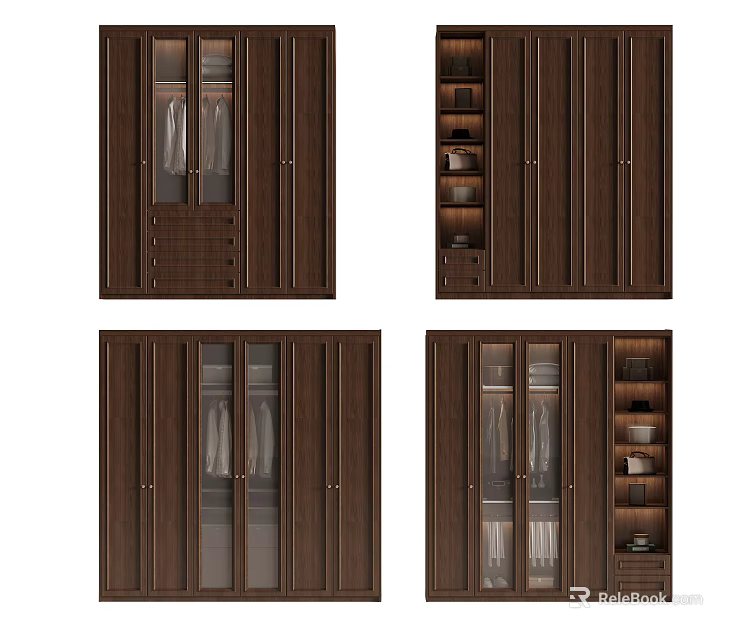 Modern Wooden Wardrobe Interior Design with Glass Doors Drawers and Storage Shelves 3d model 