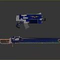 Blue Metal Gun With Wing Emblem And Shiny Chainsaw With Serrated Blade
