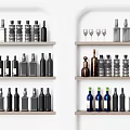 Wine Bottles and Glasses Showcased in Various Styles on White Shelves