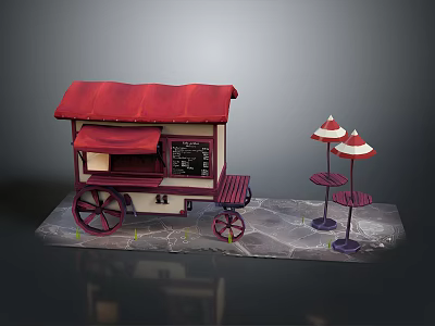 Red Roof Food Cart Setup With Small Tables And Striped Umbrellas 3d model