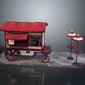 Red Roof Food Cart Setup With Small Tables And Striped Umbrellas