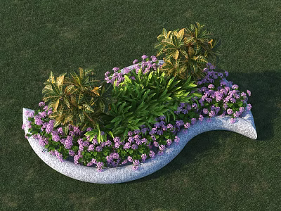 Curved Roadside Flower Bed With Purple Flowers Green Plants And Grass 3d model