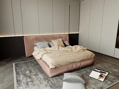 Modern Minimalist Double Bed With Pink Upholstered Headboard And Beige Bedding 3d model