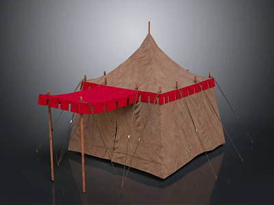 Brown Canvas Tent With Red Awning And Wooden Poles For Outdoor Camping Design 3d model