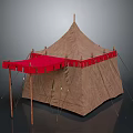 Brown Canvas Tent With Red Awning And Wooden Poles For Outdoor Camping Design