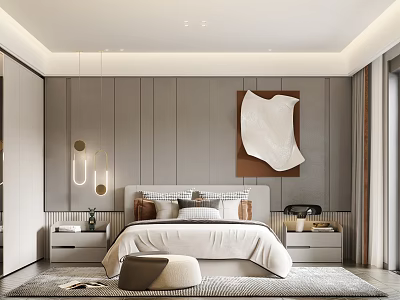 Modern Bedroom Interior Design With Striped Gray Wall Abstract Art Pendant Lights And Area Rug 3d model