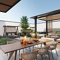 Elegant Modern Garden Landscape Design With Wooden Pavilion Sofa Seating Dining Tables And Green Plants