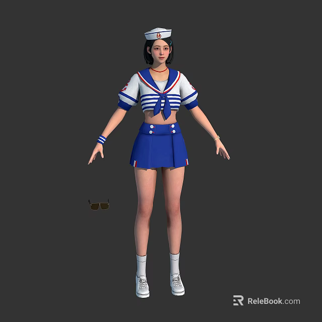 Anime Female Character In Blue And White Sailor Uniform Standing Against Gray Background 3d model 