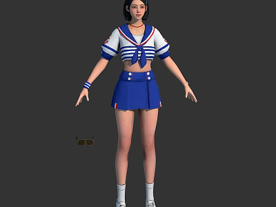 Anime Female Character In Blue And White Sailor Uniform Standing Against Gray Background 3d model