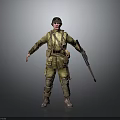 Military Soldier in Uniform with Rifle and Gear Standing Against Gray Background