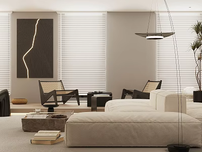 Modern Minimalist Neutral Tone Living Dining Room With Cozy Soft Sofas And Elegant Wall Art 3d model