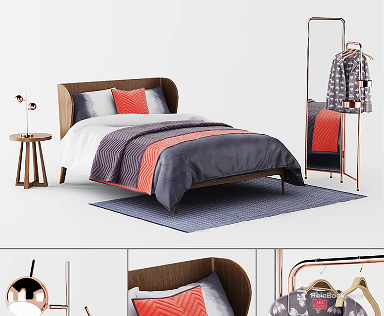 Modern Double Bed with Wooden Headboard Striped Quilt Gray Orange White Nightstand Lamp Floor Mirror 3d model 