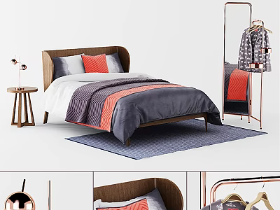 Modern Double Bed with Wooden Headboard Striped Quilt Gray Orange White Nightstand Lamp Floor Mirror 3d model