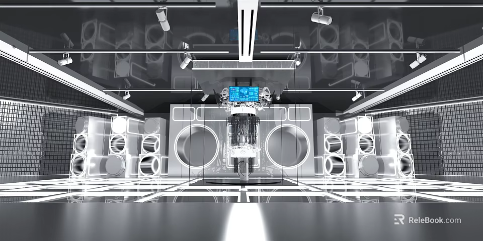 Modern Tech Control Room Interior With Audio Speakers Console And Lighting 3d model