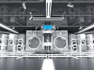 Modern Tech Control Room Interior With Audio Speakers Console And Lighting 3d model
