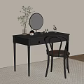 Black Wooden Dressing Table with Round Mirror Drawer and Comfortable Chair