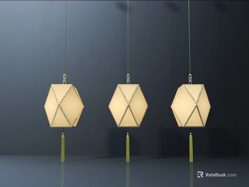 Three Hexagonal Fabric Chandeliers With Golden Frame And Green Tassels Against Dark Background 3d model 