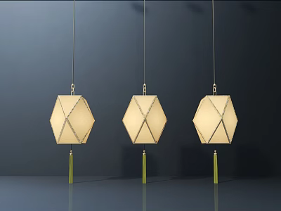 Three Hexagonal Fabric Chandeliers With Golden Frame And Green Tassels Against Dark Background 3d model