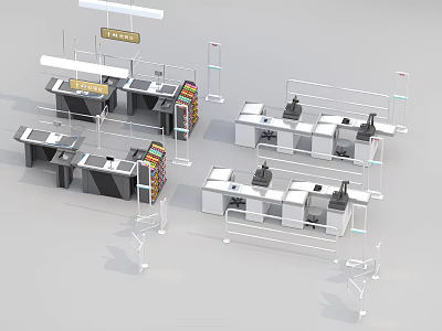 Modern Reception Desks With Info Signs Queue Railings And Service Counters 3d model