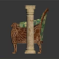Classic Green Floral Pattern Armchair With Carved Wooden Armrests And Golden Legs Beside Marble Column