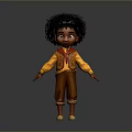 3D Model of Man with Curly Hair Wearing Yellow Shirt Brown Pants and Red Scarf