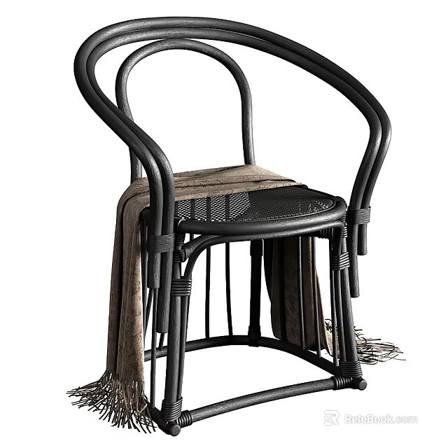 Modern Leisure Chair With Black Metal Frame Woven Seat And Brown Fringed Blanket 3d model 