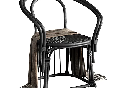Modern Leisure Chair With Black Metal Frame Woven Seat And Brown Fringed Blanket 3d model