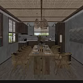 Japanese Style Dining Room With Wooden Table Chairs And Bamboo Woven Ceiling