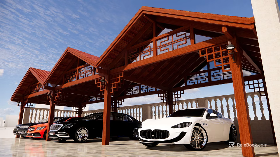 Chinese Style Wooden Parking Lot With Red Roof Openwork And Luxury Cars 3d model 